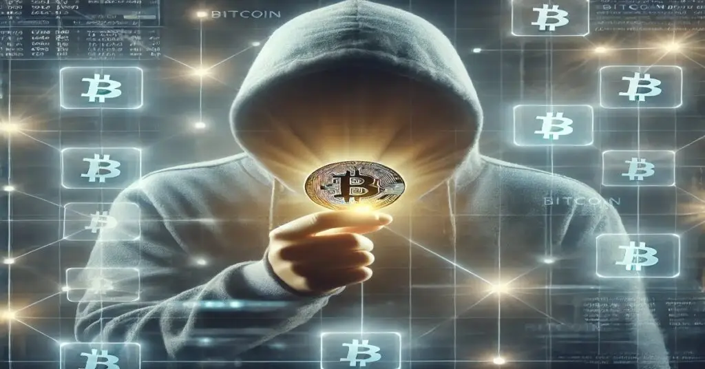 Ilustração de uma carteira de Bitcoin flutuando sobre uma identidade desfocada, simbolizando o pseudonimato da criptomoeda.