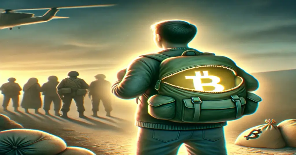 Ilustração de um refugiado cruzando a fronteira com uma mochila contendo um símbolo do Bitcoin, representando proteção digital do patrimônio durante a guerra.