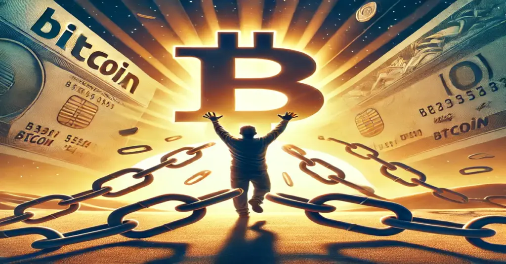 Ilustração simbólica de uma pessoa libertando-se de correntes feitas de cédulas e cartões, com o símbolo do Bitcoin brilhando como farol.