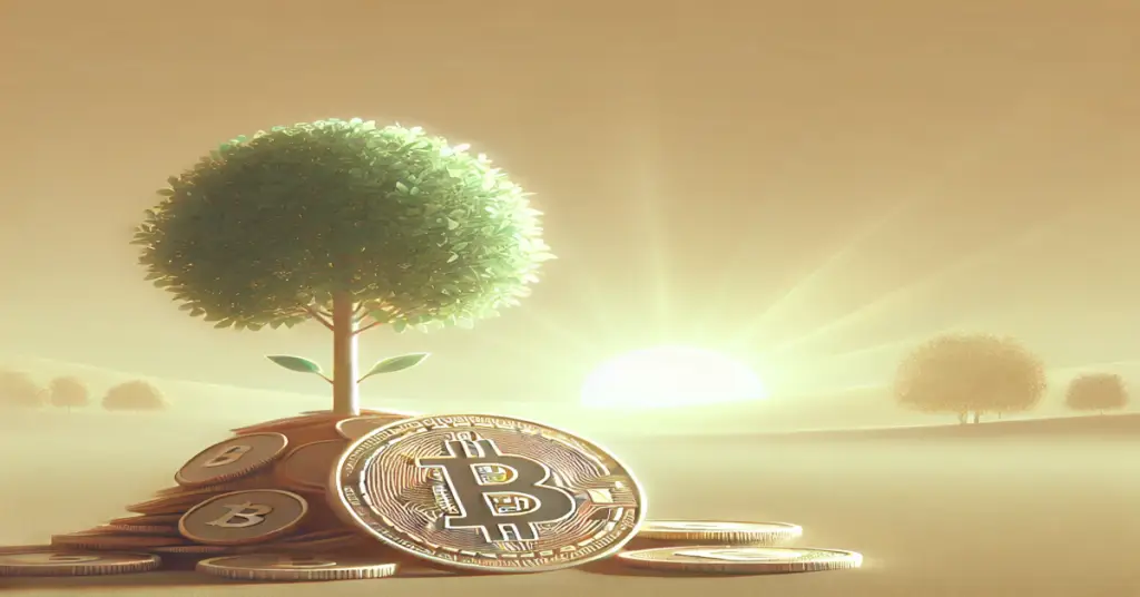 Ilustração mostrando uma árvore crescendo de moedas com o símbolo do Bitcoin,