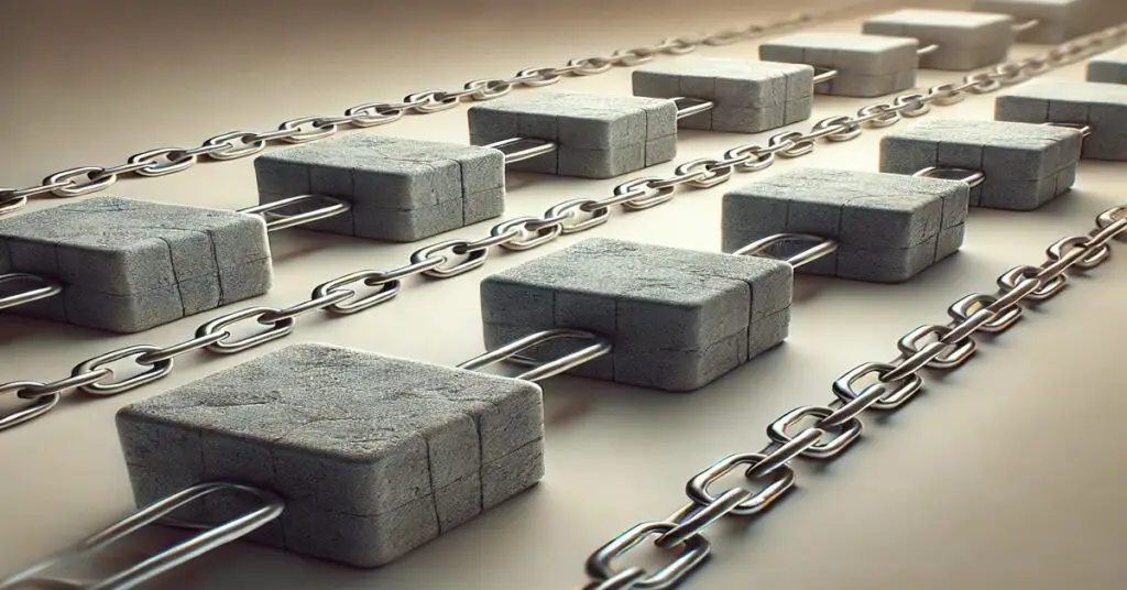 Representação realista de blocos tridimensionais conectados por correntes metálicas, simbolizando a estrutura da blockchain.