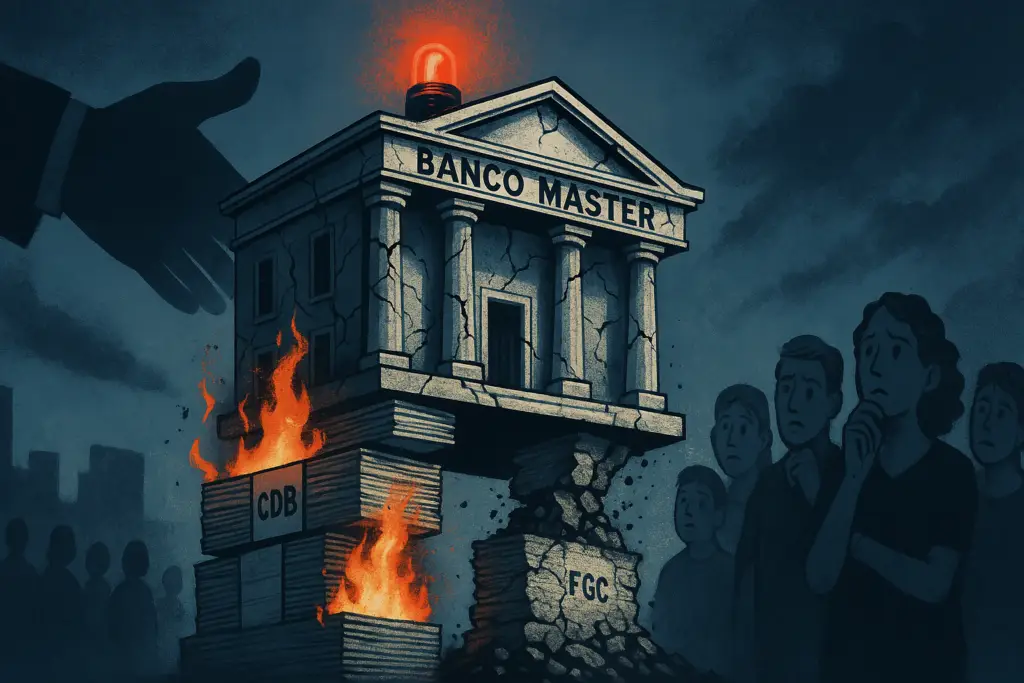 Imagem ilustrativa de um prédio de banco rachando ao meio, com notas de dinheiro voando ao redor e pessoas correndo. Representa a instabilidade financeira do sistema bancário e o risco para o cidadão comum.